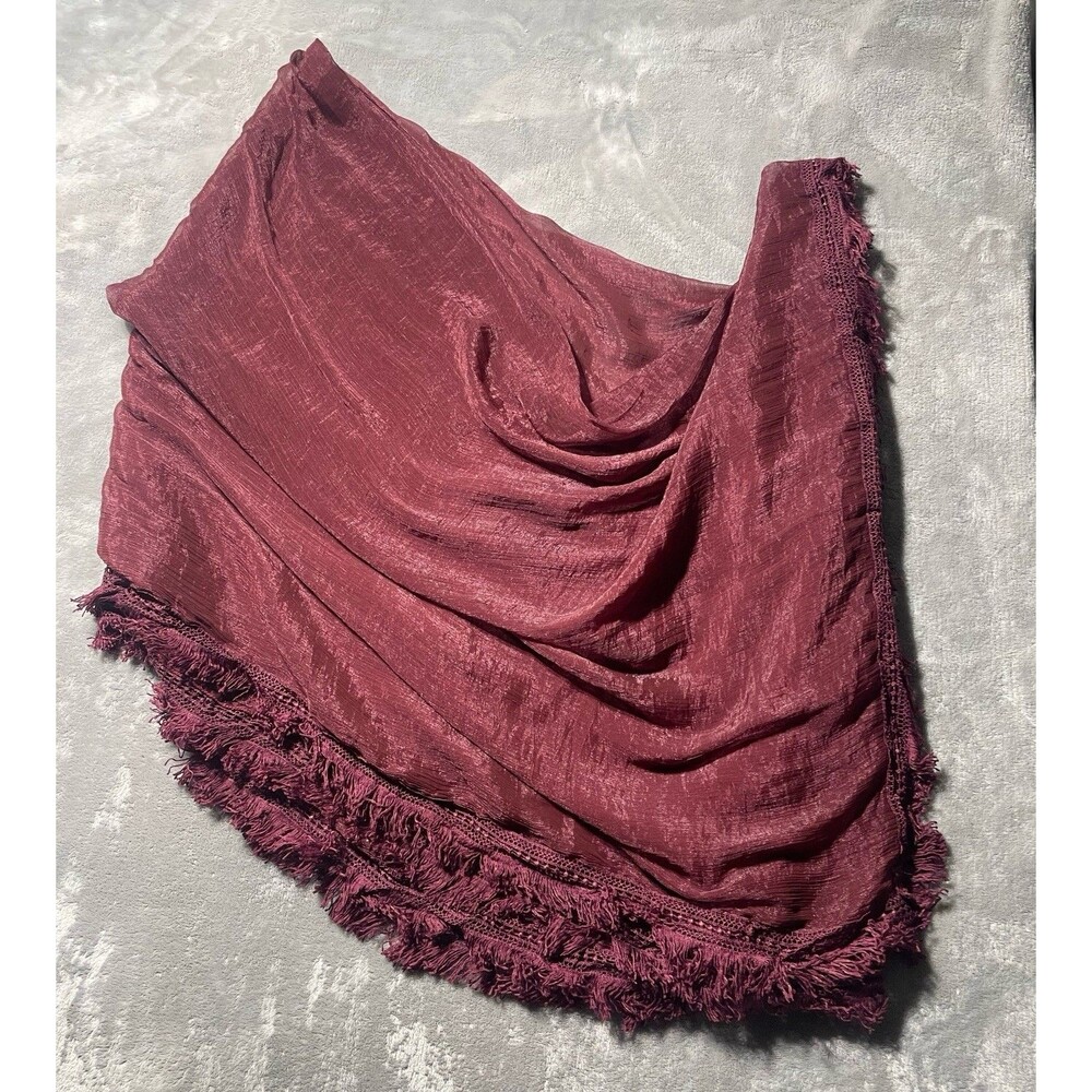 Heavily Fringed Burgundy Embroidered Silk Blend Scarf/Wrap Approximately 68”x62”